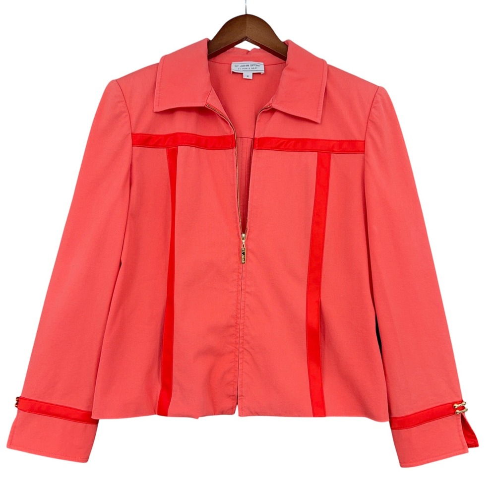 St. John Sport Zip Jacket Womens M Cotton Lycra Coral Red